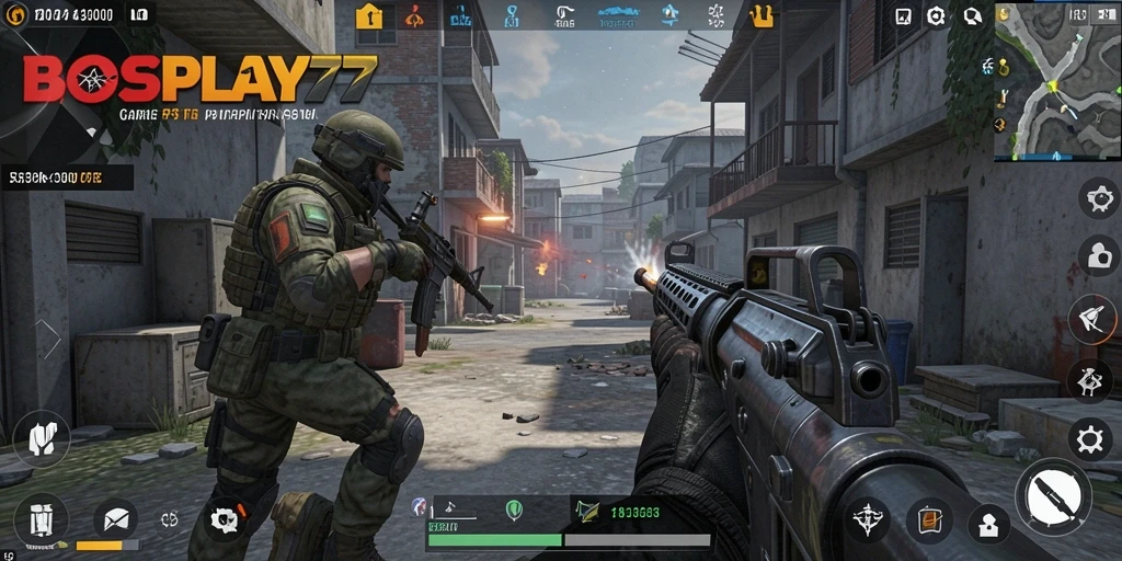 Screenshot gameplay <strong>BOSPLAY77</strong> menampilkan aksi menembak yang intens.