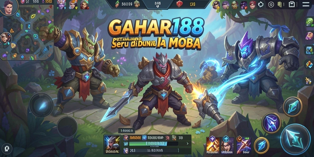Screenshot utama GAHAR188 dengan aksi intens di arena MOBA.