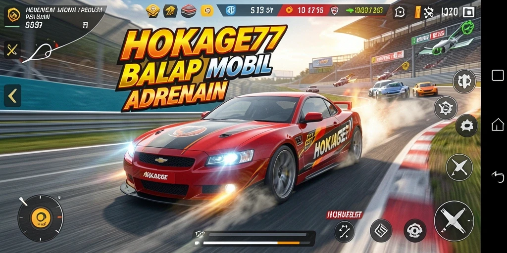 Tampilan gameplay HOKAGE77 menampilkan mobil balap yang sedang melaju kencang.
