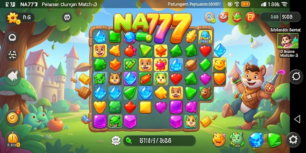 Tampilan gameplay NA777 yang penuh warna dengan aksesoris Match-3.