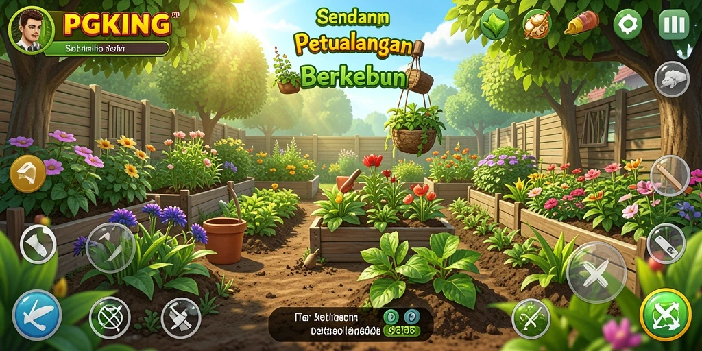 Screenshot utama PGKING menampilkan gameplay menyenangkan berkebun.