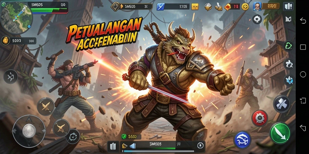 Screenshot gameplay SM605 menampilkan aksi mendebarkan dan karakter yang dinamis.