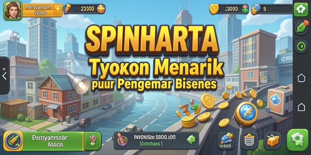 Tangkapan layar gameplay SPINHARTA yang menampilkan keseruan membangun bisnis.